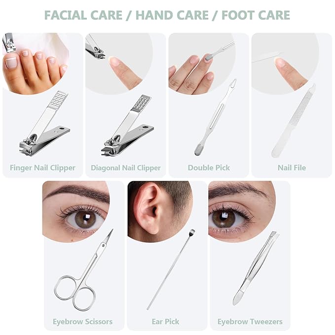 12 Set Manicure Set Bulk Mini Manicure Nail Clipper Kit 7 in 1 Stainless Steel Professional Nail Care Pedicure with Travel Portable Bag Grooming Kits for Women Men Home(Light Green)