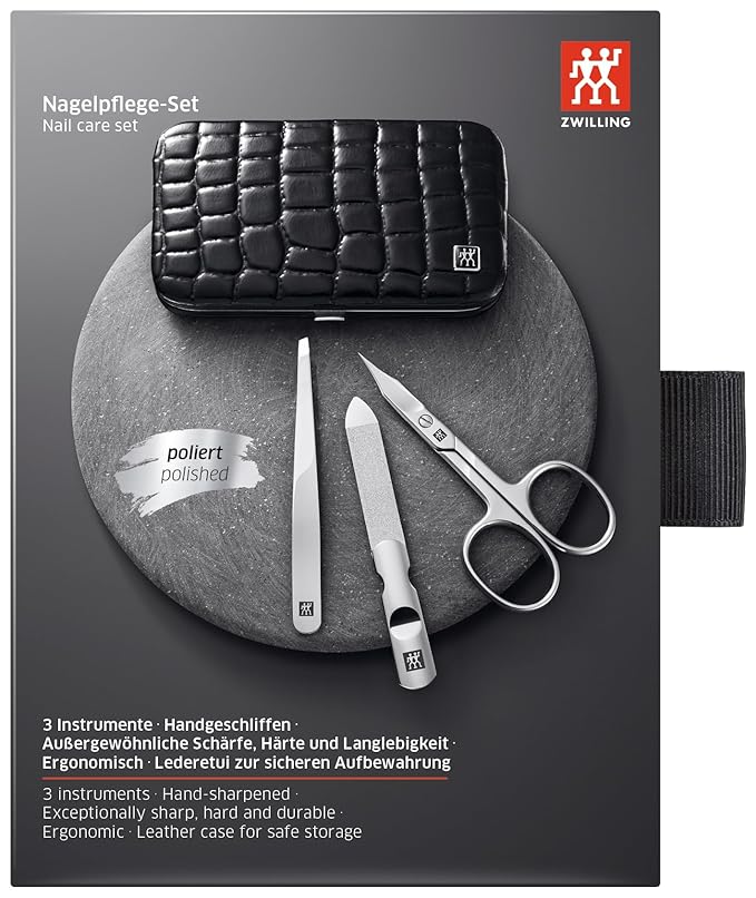 ZWILLING manicure set pedicure kit, nail care complete set, cowhide, crocodile edition with combination nail scissors, 3 pieces, black