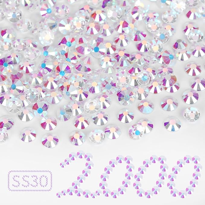 2000PCS Transparent AB Rhinestones Bulk, Flat Back Crystal Glass Stone Round Gems,SS30, 6.4-6.6mm