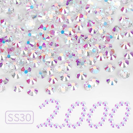 2000PCS Transparent AB Rhinestones Bulk, Flat Back Crystal Glass Stone Round Gems,SS30, 6.4-6.6mm