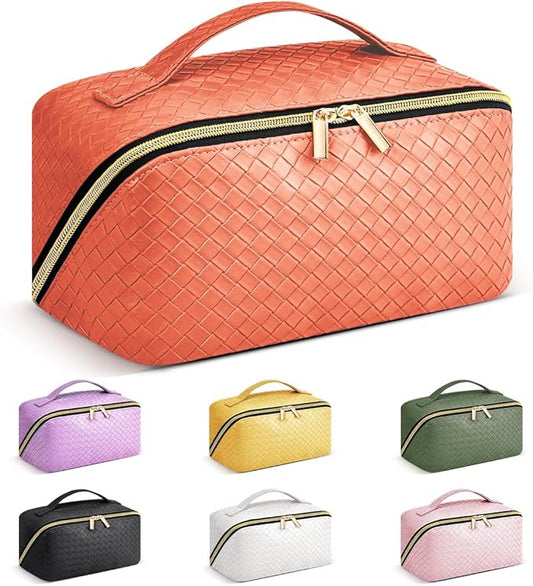 Travel Makeup Bag: Large Capacity Cosmetic Bag for Women, Portable PU Leather Waterproof Stuff Bag With Handle and Divider Flat Lay Makeup Pouch Toiletry Bag Birthday Gift for Women - Orange
