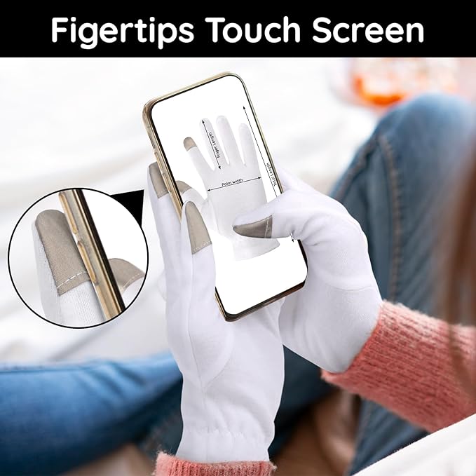 Segbeauty 24 Count White Cotton Gloves with Touchscreen Fingertips, 12 Pairs Moisturing White Gloves with Elastic Band for Dry Hands, Soft Thick Cotton Sleeping Gloves Overnight for Men & Women Large