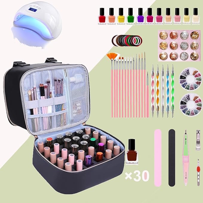 Nail Polish Organizer Case Hold 30+ Bottles (15ml/0.5 fl.oz) and a Nail Lamp, Double-Layer Nail Case Bag Nail Polish Organizer Bag, Nail Supply Organizers and Storage for Nail Tech (BLACK)