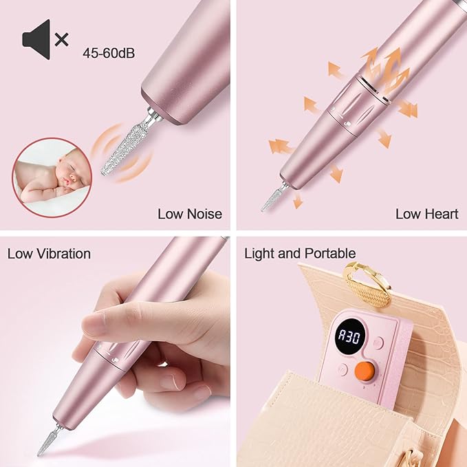 Professional Portable Nail Drill, 30000RPM Rechargeable Electric Nail File Machine Cordless E File Machine Set for Acrylic Nails for Remove Gel Polish Nail for Home & Salon Use,Pink