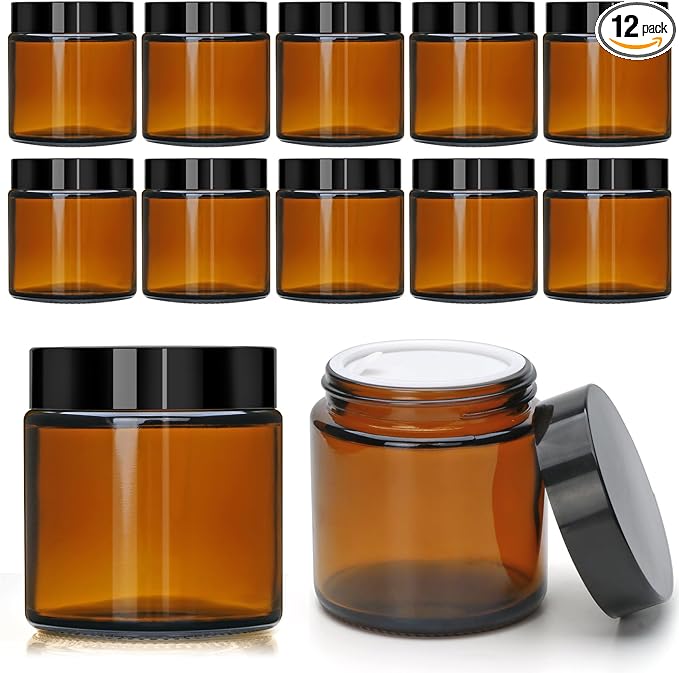 4oz Glass Amber Cosmetic Jars with Black Lids,12 Pack Empty Small Glass Jars with Inner Liners, Round Sample Container for Cream,Lotion,Ointments
