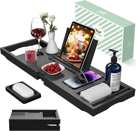 Artmalle Foldable Bathtub Tray Table, Bamboo Bathtub Caddy Tray for Tub with Book Holder for Luxury Bath, Bathroom Accessories for Women Men with Free Soap Dish (Semi-Simple, Black)