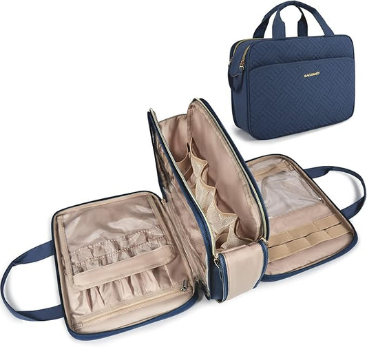 BAGSMART Large Toiletry Bag, Travel Makeup Organizer Water-resistant Makeup Cosmetic Bag Travel Bag for Accessories, Shampoo, Full Sized Container, Toiletries (Navy Blue, Large)