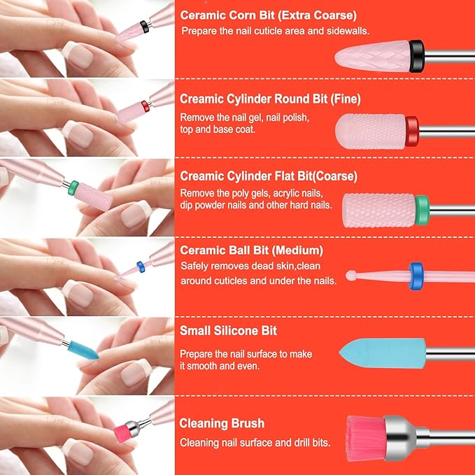 15Pcs Nail Drill Bits Set with Storage Box, 3/32 Inch Tungsten Ceramic Diamond Carbide Nail Drill Bits for Acrylic Gel Polish, Cuticle Efile Remover for Manicure Pedicure