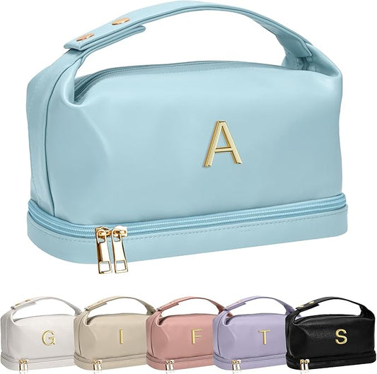 Birthday Gift for Her, Teen Girl Gifts Trendy Stuff, Makeup Bags for Women with Handle, Initial Double Layer Cosmetic Bag with Makeup Brush Organizer,Teacher Gifts, Gifts for Friends Female
