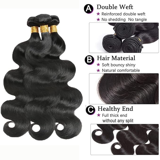 Body Wave Bundles Human Hair 3 Bundles 12 14 16 Inch 100% Unprocessed Brazilian Virgin Hair Weave Bundles Deals Human Hair Weft Body Wave Hair Extension for Black Women Natural Black
