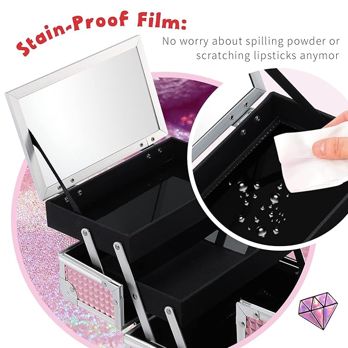 FRENESSA Makeup Box Organizer Portable Cosmetic Train Case Travel Makeup Case with Mirror Locking Make Up Cases Organizers and Storage for Artist Nail Supplies Hard Cosmetic Box Pink