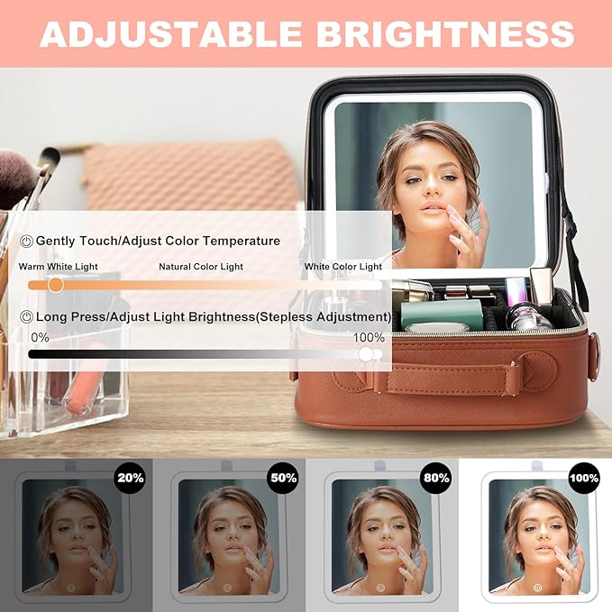 Mocado Travel Makeup Bag with LED Lighted Mirror, Travel Makeup Organizer, Makeup Case with 3 Color Lighted Setting and 10x Magnifying Mirror, Portable Storage and Adjustable Dividers(Orange Brown)