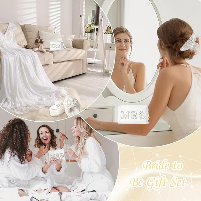 Bride To Be Gift Set - Makeup Bag, Slippers, Robe, Hair Clip - Wedding Gifts