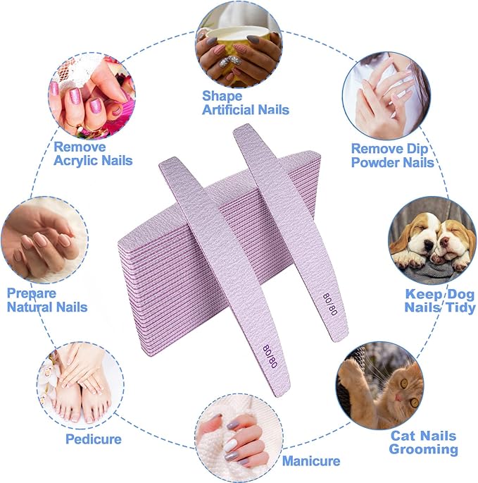 80/80 Grit Nail Files (25 Pack), Emery Boards for Acrylic Nails and Gel Nails, Coarse Nail File Double Sided 80 Grits Emory Professional Nail Filers Reusable Washable Manicure Curved Gray Bulk