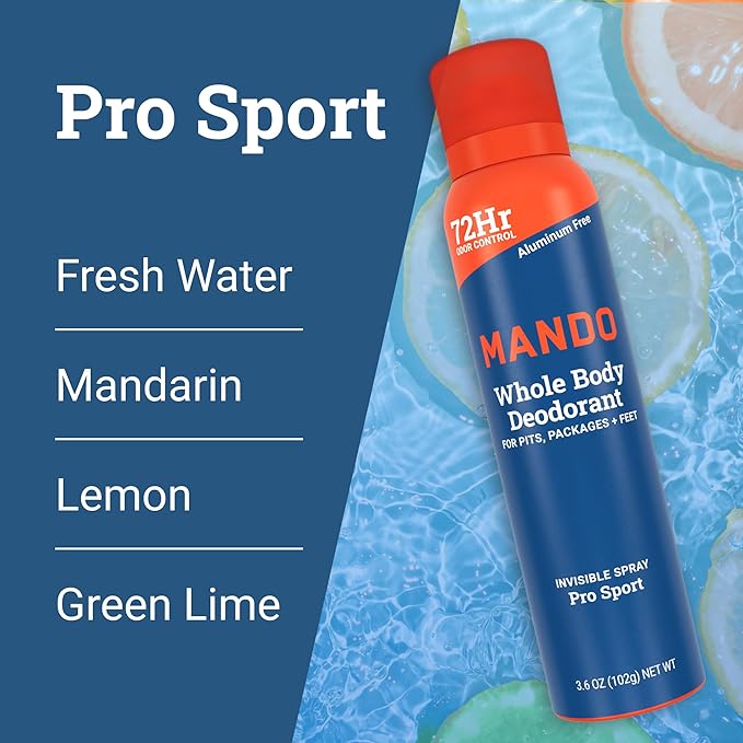 Mando Whole Body Deodorant For Men - Invisible Spray Deodorant - 72 Hour Odor Control - Low Irritation Formula - Aluminum Free, Benzene Free - 3.6 ounce Cans (Pack of 2) - Pro Sport