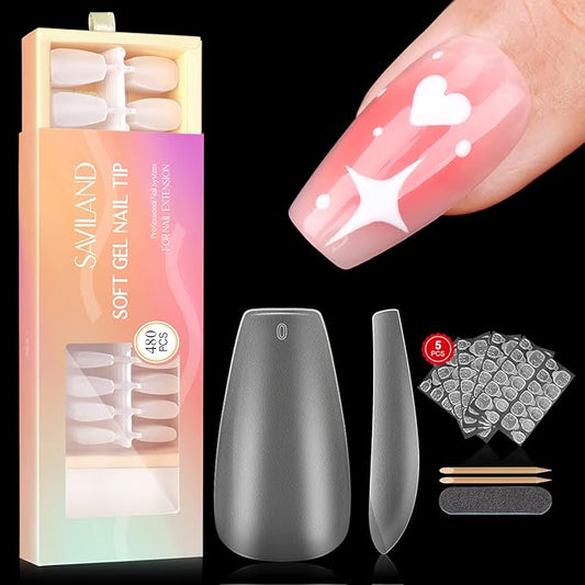 Saviland Soft Nail Gel Nail Tips - 480PCS Short Coffin Full Cover Nail Tips 15 Sizes Matte False Nail Tips Acrylic Nail Tips No Files for Valentine Gift Nail Extensions Nail Art Home DIY