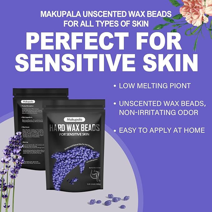 Hard Wax Beads for Sensitive Skin, 2.4lb Unscented Waxing Beads for Brazilian Waxing Women Men, Professional Wax Beans for Full Body, All Skin Type, Face, Bikini, Leg, No Strip Needed Purple