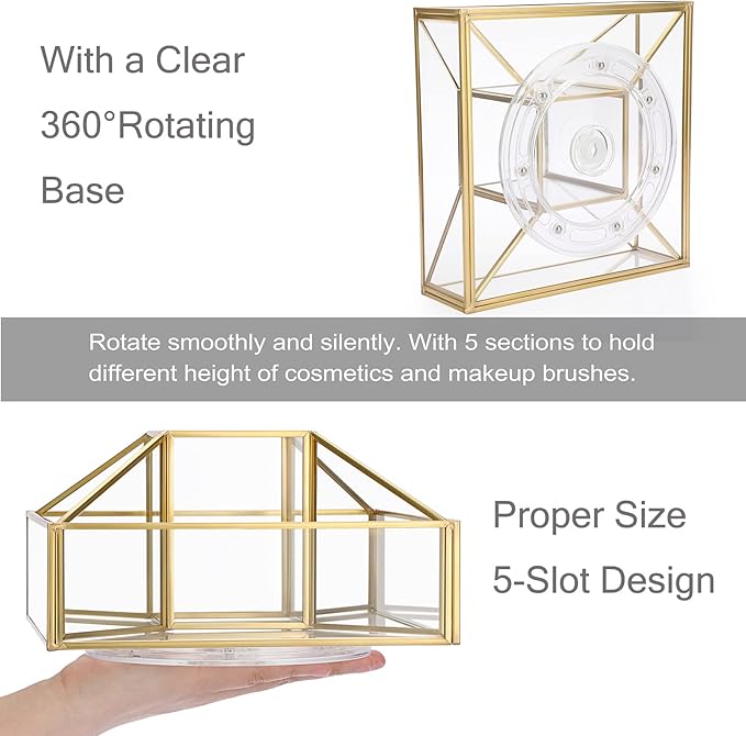 Hipiwe 360 Rotating Makeup Organizer Gold Glass Perfume Cosmetic Display Case 5-Slot Makeup Carousel Spinning Holder Bathroom Storage Organizer for Vanity Lipsticks Skincare Makeup Brushes