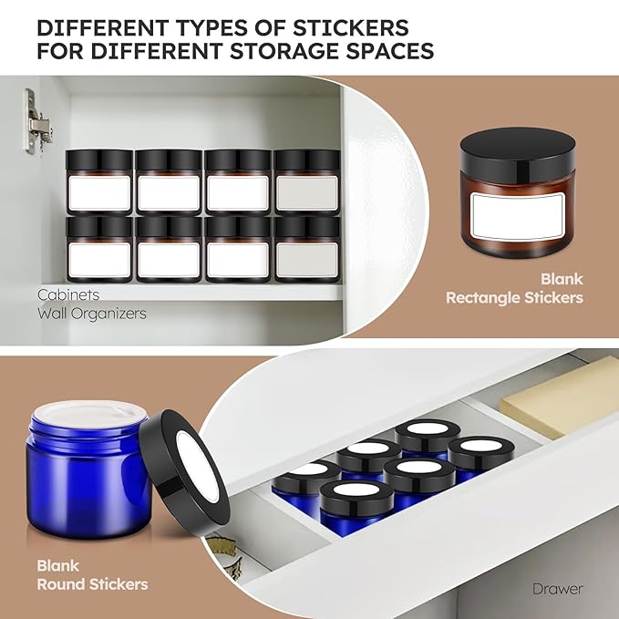 2 oz Glass Jars with Lids, 48 pack Round Small Containers with Black Lids, Blank Labels & Inner Liners, Empty Cosmetic Containers for Sample, Powder, Cream, Lotion Amber and Blue