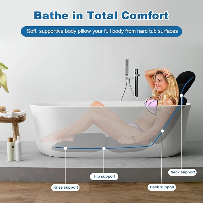 Full Body Bath Pillow, Luxury Bath Cushion with 192 Suction Cups, Bath Pillows for Tub for Head and Neck Support, with Laundry Bag Black, 51" x 16"