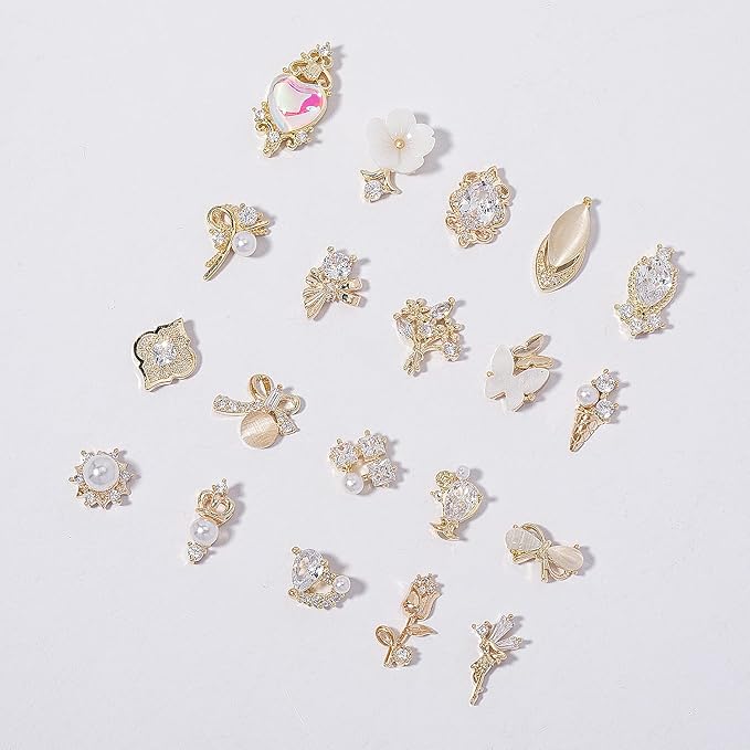 HNUIX Nail Charms and Gems - Gold Copper Zircon, Multiple Shapes 3D Dangle, Metal Jewelry Rhinestones for Nails (19pieces B Set)