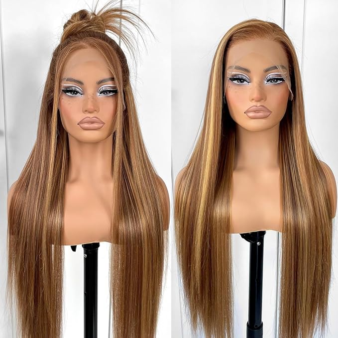13x6 Highlight Ombre Lace Front Wig Pre Plucked Honey Blonde 4/27 Long Straight HD Lace Front Wigs Yaki Synthetic Glueless Straight Highlight Lace Front Wig 32inch