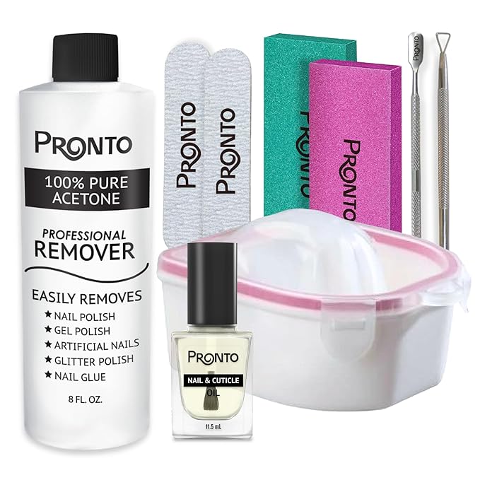 Pronto Gel Nail Polish Remover Kit – 8 Oz Pure Acetone 100 Percent, Nail File, Nail Polish Soak Off Bowl, Cuticle Oil for Nail Care + Manicure Set with Nail Buffer Block, Cuticle Pusher & Nail scraper