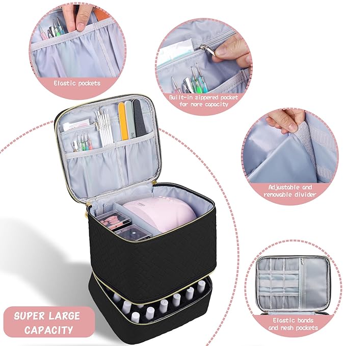 Nail Polish Carrying Case Bag-Holds 30 Bottles, Double-Layer Nail Polish Storage and Nail Dryer Case
