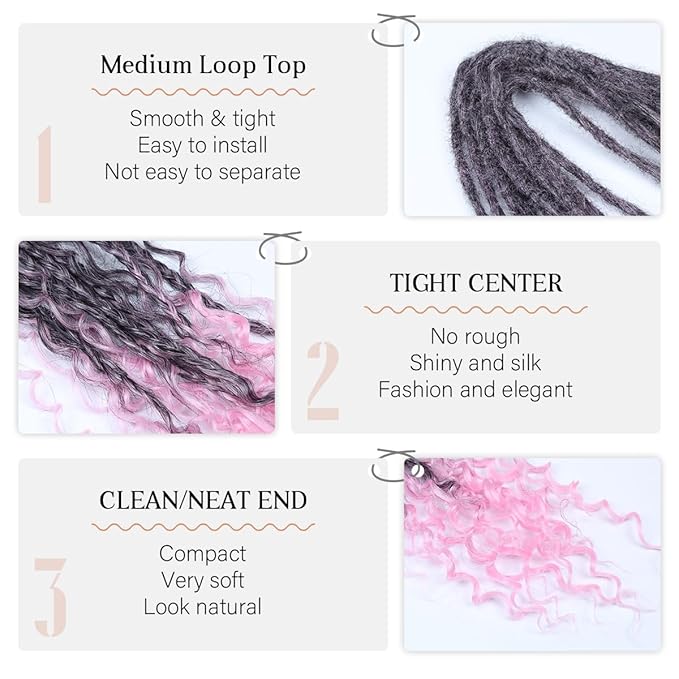 Double Ended Dreadlock Extensions 24 Inch Natural Black to Pink Dreads Set Synthetic Boho Braids Curly Hippie Style Dreads 10 Strands Handmade Dreads(24Inch Boho,1B/Pink）