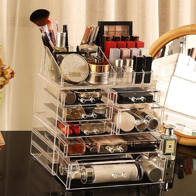 Cq acrylic 3 Pack Clear Makeup Organizer Countertop,Stackable 7 Drawers Skincare Organizer,Cute Skin Care Organizer for Vanity Hair Clip,Jewelry,Beauty Product Desk and Make Up Organizers for Vanity