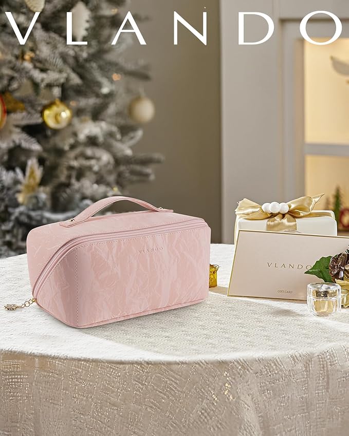 Vlando Makeup Bag,Travel Makeup Bag Waterproof Portable Cosmetic Bag PU Leather Open Flat Make up Organizer for Toiletries,Christmas Gifts Birthday Gifts for Women Girls Travelers(Sand Pink)