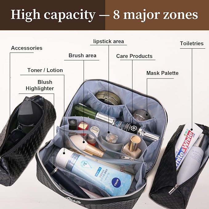 BOYATU Travel Makeup Bags for Women: 3 Pcs Large Make up Bags Set - Vegan Leather Cosmetic Bag for Traveling - Waterproof Toiletry Organizer (L02 Black)