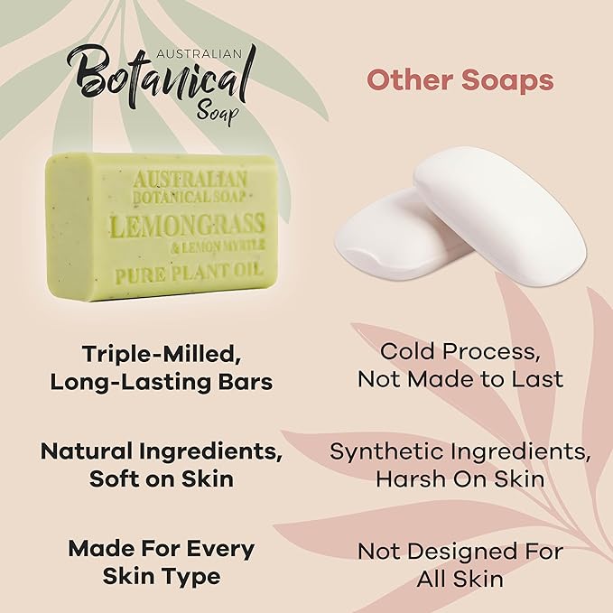 Australian Botanical Soap, 6.6 OZ, Lemongrass and Lemon Myrtle, Triple Milled Bars made with a Natural Soap Base and Enriched with Organic Shea Butter, Pack of 8