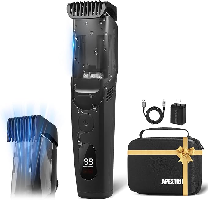 Vacuum Beard Trimmer for Men Rechargeable, IPX6 Waterproof Mustache Trimmer with Adjustable Length Combs (1/25’’-4/5’’), Men’s Electric Stubble Trimmer, Cordless with Built-in Vacuum (Black)