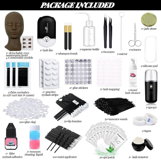 Lash Extension Kit Eyelash Practice for Beginners Professional Set with Mannequin Head Removable Eyelids USB Fan Spraye Individual False Lash Eyelash Strips Shampoo Brush Supplies