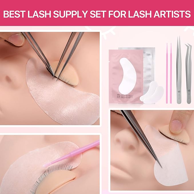 Pretty memory Eyelash Extension Kit for Beginners, Lash Extension Training Kit with Silicone Mannequin Head Removable Eyelids for Makeup and Eyelash Graft Practice