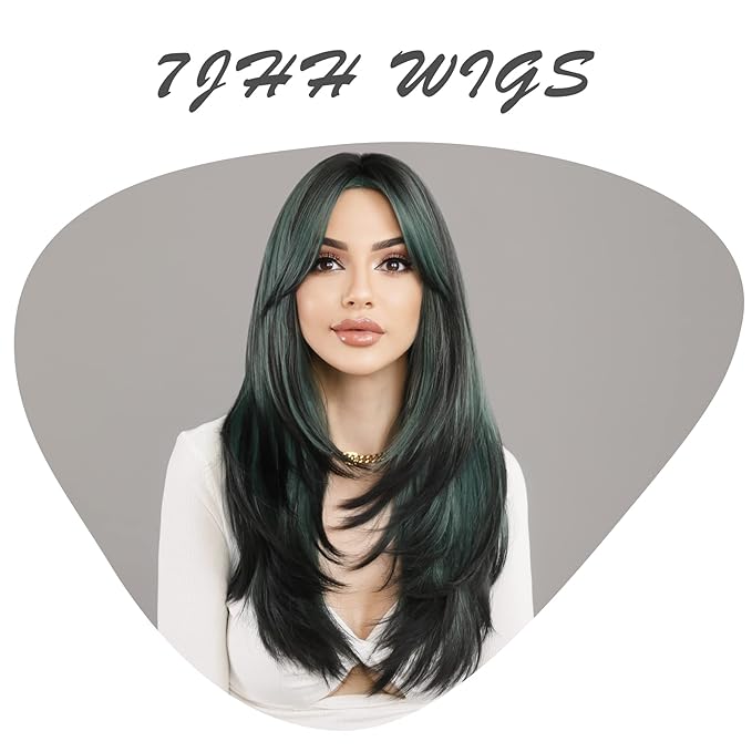 7JHH WIGS Long Straight Wigs with Curtain Bangs,Green Highlight Layered Wig for Women Synthetic High Density Heat Resistant Hair Wig for Daily Party 24 Inches