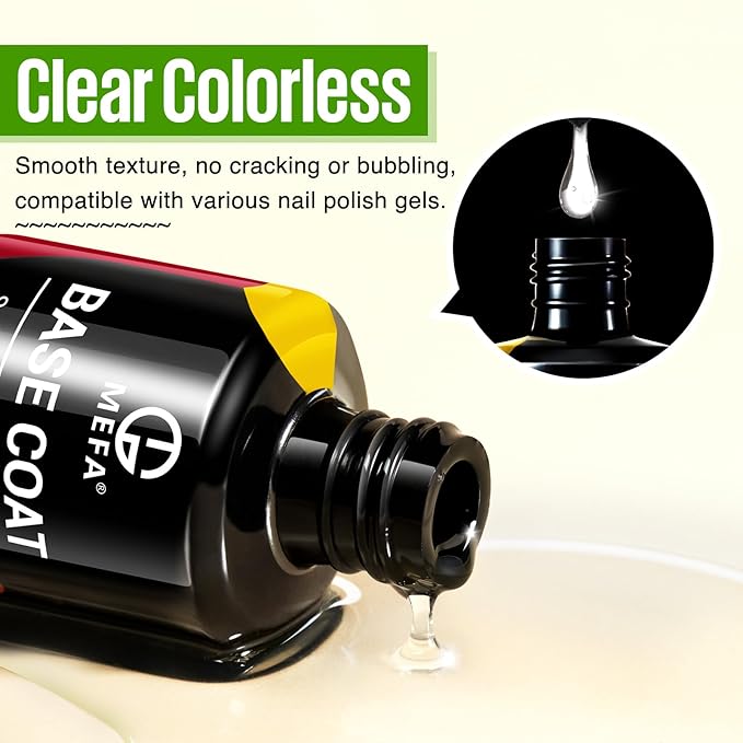 MEFA 2 Pcs 15ml Gel Top Coat and Base Coat Set, No Wipe Gel Nail Polish Base and Top Coat, Long Lasting Glossy Shine Effect Soak Off LED Nail Lamp Art DIY Manicure Holiday Gifts