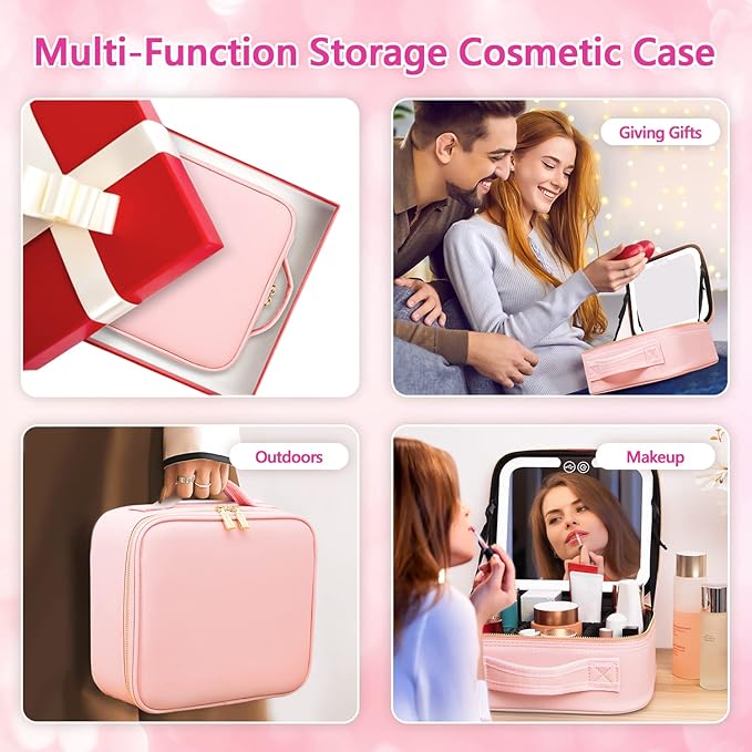 VANMRIOR Travel Makeup Bag with LED Lighted Make up Case with Mirror 3 Color Setting Cosmetic Makeup Box Organizer Vanity Case for Women Beauty Tools Accessories Case Rechargeable