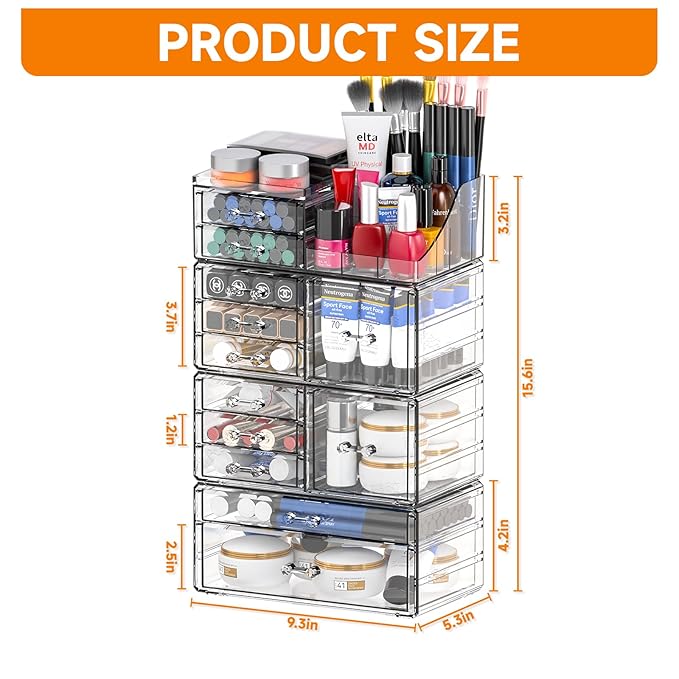 Cq acrylic 4 Pack Clear Makeup Organizer for Counter,12 Drawers Stackable Skincare Organizer,Large Cosmetic Storage Organizer for Jewelry,Hair Accessory,Beauty,Skin Care,Vanity Organizers and Storage