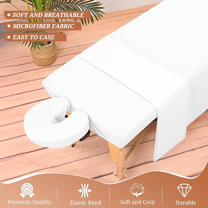 18Pcs 6 Sets Massage Table Sheets Set 3 Piece Set Includes Massage Bed Sheets, Massage Bed Cover Massage Face Rest Cover, Spa Bed Cover Massage Sheets Sets for Beauty Salon and Home Spa (White)