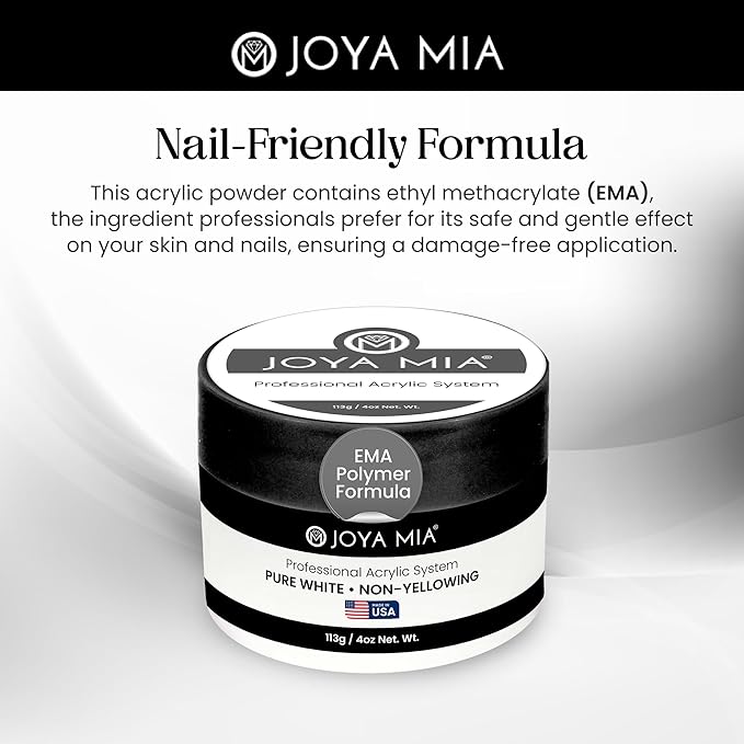 Joya Mia Acrylic Powder for Nails, MMA-Free, Super Adhesion Professional Powder for Flawless & Long-Lasting Nail Enhancements, Easy Application, Vibrant & Stunning Colors - Pure White, 4 oz