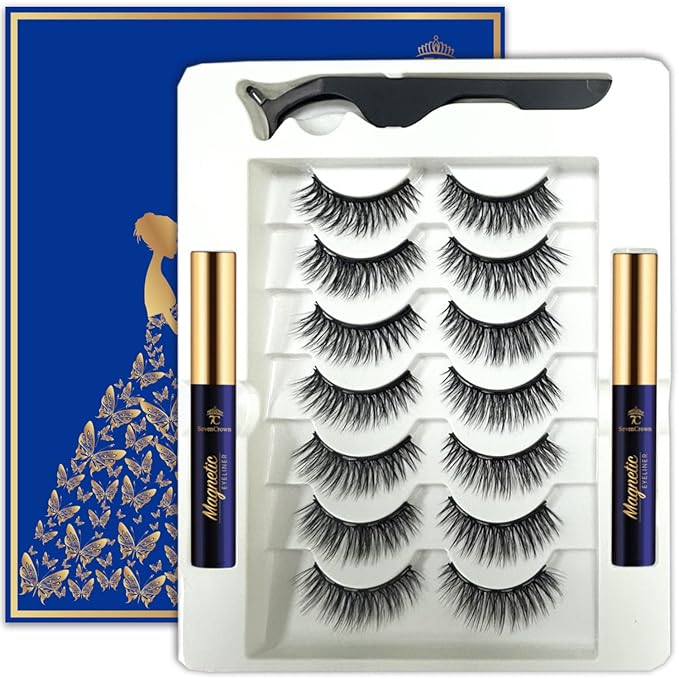 3D Magnetic Eyelashes with Eyeliner Kit,Cat-Eye Magnetic Lashes,False Eyelashes with Applicator,Reusable Magnet Lash Set,Natural Look,Easy,Cruelty-Free.7 Pairs