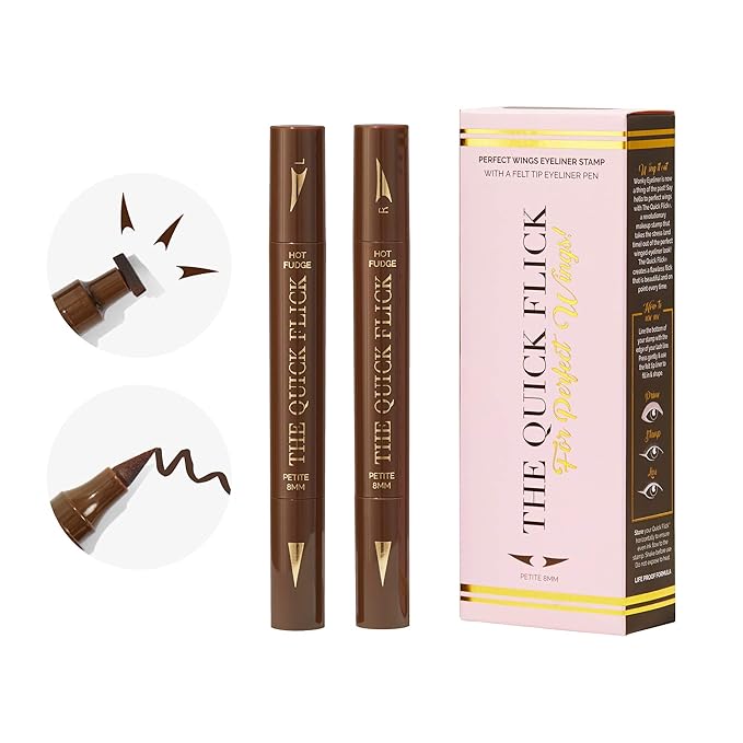 The Quick Flick Winged Eyeliner Stamp - Waterproof & Smudge Proof Vegan Cat Eye - 4mm Thick Wing & 10mm To The Point Felt-Tip Hypoallergenic Pen (Hot Fudge-2 Pen)