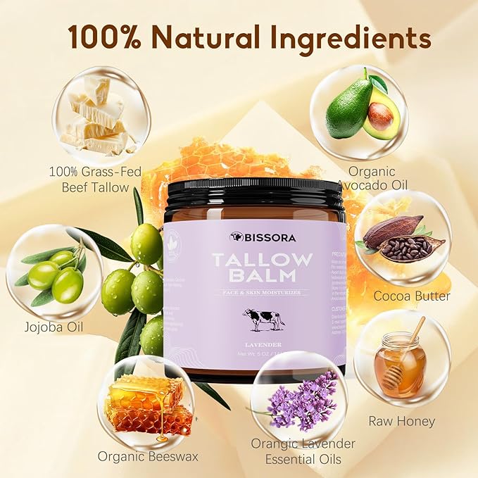 Beef Tallow for Skin, Organic Grass-Fed Beef Tallow Balm with Raw Honey & Jojoba Oil - Whipped Moisturizer for Face & Body - All-Natural Skin Care for Soft, Hydrated Skin (5 OZ, Lavender)