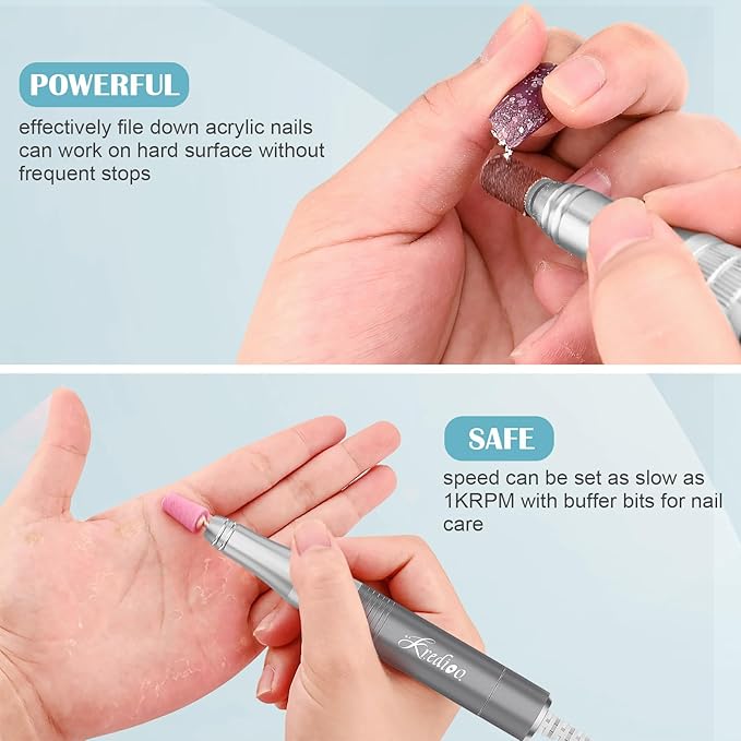 Kredioo Nail Drill, Nail Drills for Professional Acrylic Nails 35000RPM Rechargeable Portable Electric File Drill Machine with 10 Bits Set Quickly Remove Gel Polish Salon Quality Manicure-Grey