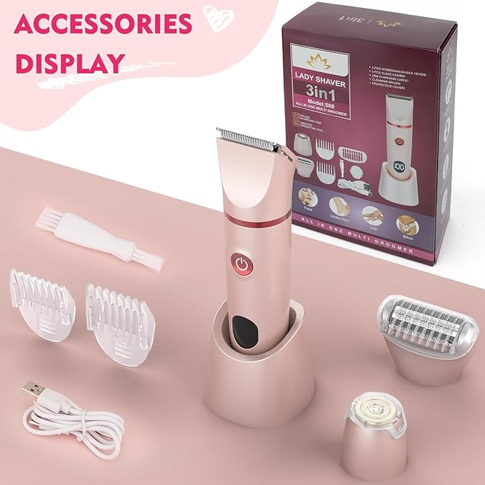 Bikini Trimmer for Women, 3 in 1 Electric Razors for Women, Waterproof Pubic Hair Trimmer and Facial Hair Remover, Rechargeable Electric Shaver for Underarm Leg Arm Body with LED Display, Pink