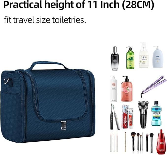 Buruis Extra Large Capacity Toiletry Bag for Women and Men, Hanging Toiletry Organizer Cosmetics Makeup Bag, Water-resistant Dopp Kit for Full Sized Toiletries, Travel Essentials (Blue)
