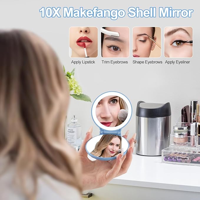 for Mom - Shell Compact Mirror Led Lighted, Magnifying Travel Mirror 10x 2X, Unbreakable Pocket Mirror for Women, Unique Mirror for Purse, Gifts for Birthday Holiday, Blue Color