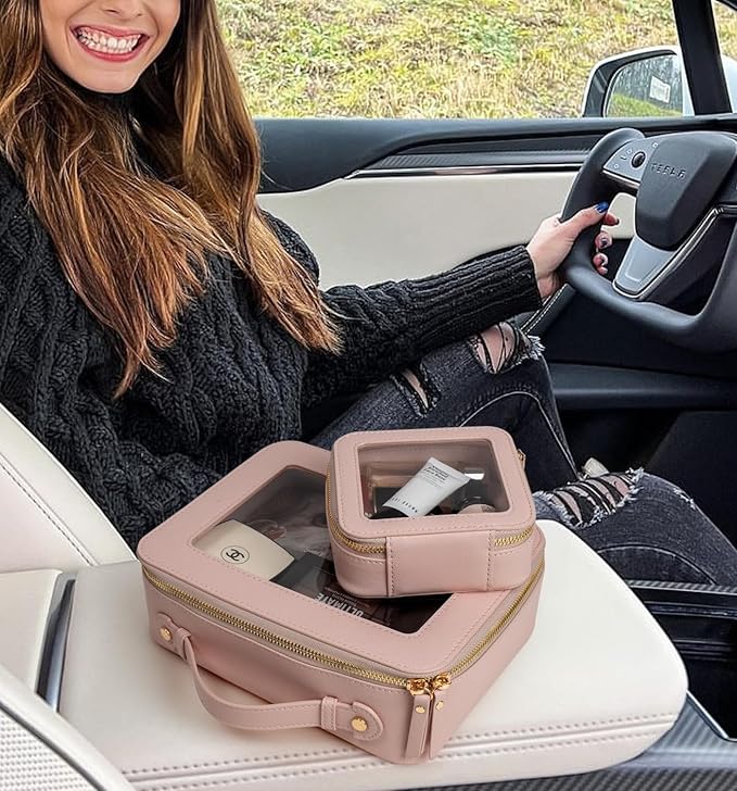 Clear Makeup Bags TSA Approved Toiletry Bag Handle Large Opening,Clear Toiletry Bags for Carry-on Traveling Travel Car Accessories Essentials Organziation Storage Women Girls(Nude Pink, Mini&Large)